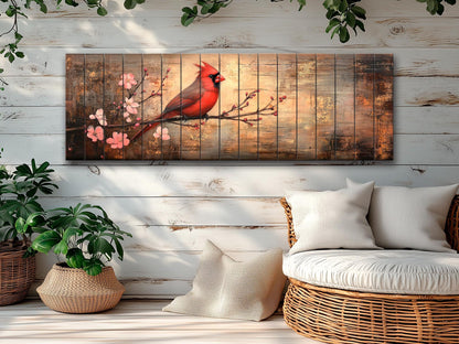 Cardinal Wood Wall Art – Rustic Red Cardinal Painting on Natural Wood Print