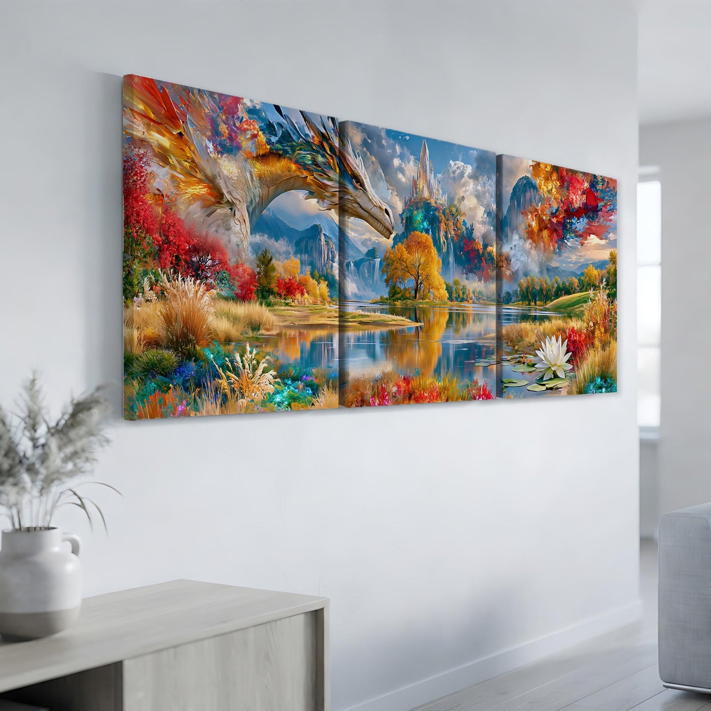 The image is a large, colorful painting depicting a dragon-like creature soaring over a vibrant landscape with mountains, water, and flowers.