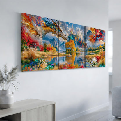 The image is a large, colorful painting depicting a dragon-like creature soaring over a vibrant landscape with mountains, water, and flowers.