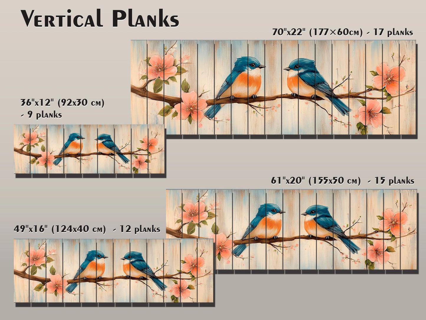 Wood Wall Art - Chubby Bluebirds on a Flowering Branch Print on Natural Wood, Birds Wall Art, Cozy Cabin Wall Decor, Rustic Bluebirds Print