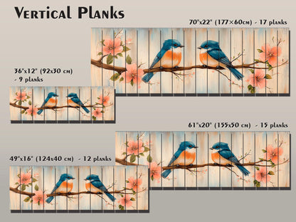 Wood Wall Art - Chubby Bluebirds on a Flowering Branch Print on Natural Wood, Birds Wall Art, Cozy Cabin Wall Decor, Rustic Bluebirds Print