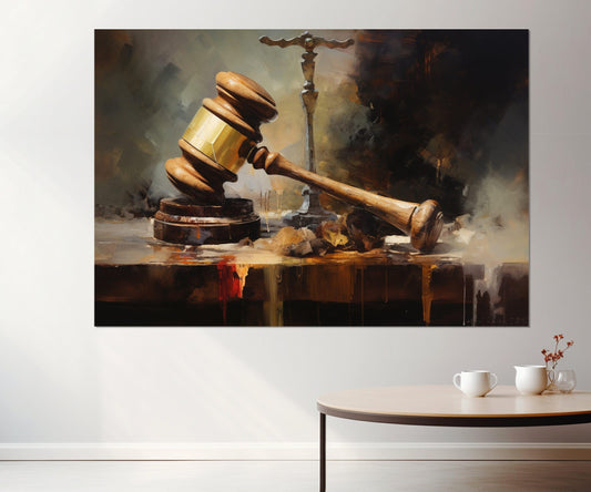 Gavel Canvas Print - Justice Wall Art | Vintage Style Oil Painting, Lawyer Office Decor