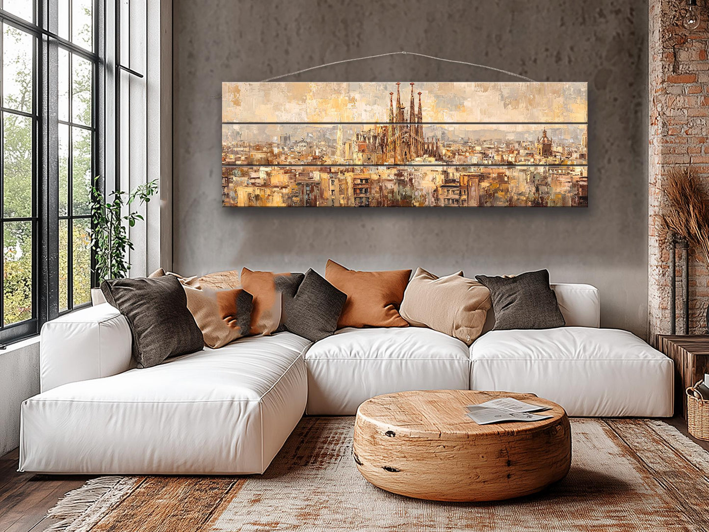 Barcelona Wall Art – Rustic Wood Print Featuring Sagrada Familia Beige & Gold Painting