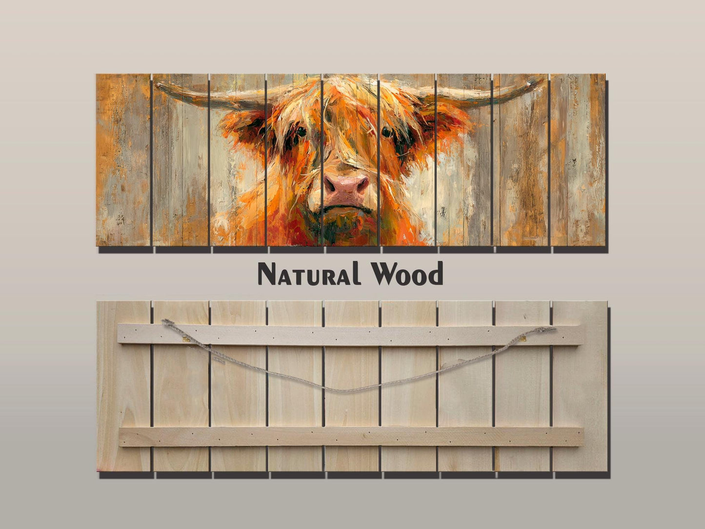 Rustic Wood Wall Art – Cheerful Highland Cow Print | Farmhouse Wall Decor