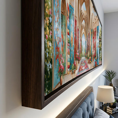 a large, colorful painting of a garden or courtyard, with various flowers and plants, displayed on a wall.