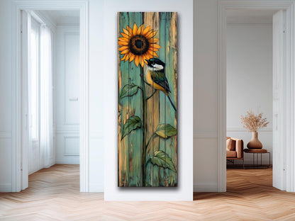 Wood Wall Art – Rustic Chickadee Bird Painting on Sunflower Plank Decor