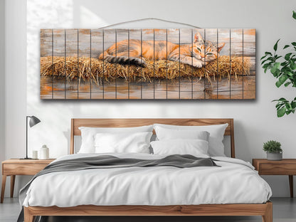 Farm Cat Lounging on a Hay Bale Painting Printed on Natural Wood, Cats Wall Art, Red Cat Print, Rustic Cabin Wall Decor, Wood Wall Art