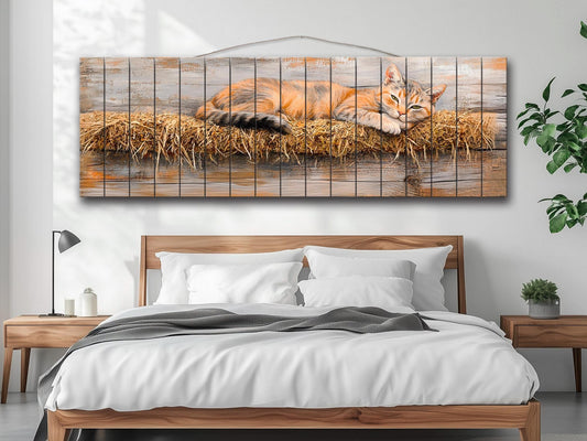 Farm Cat Lounging on a Hay Bale Painting Printed on Natural Wood, Cats Wall Art, Red Cat Print, Rustic Cabin Wall Decor, Wood Wall Art