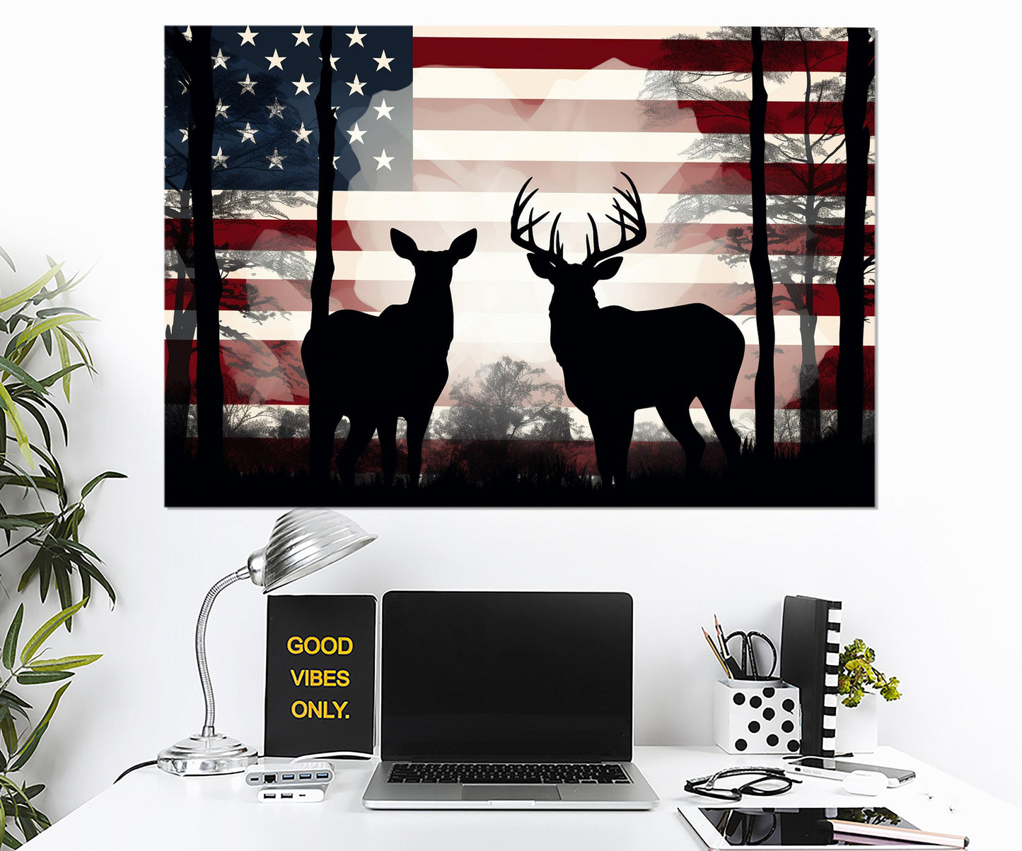 Deer Family Canvas Print – USA Flag Patriotic Deer Decor | Framed Wall Art Ready to Hang
