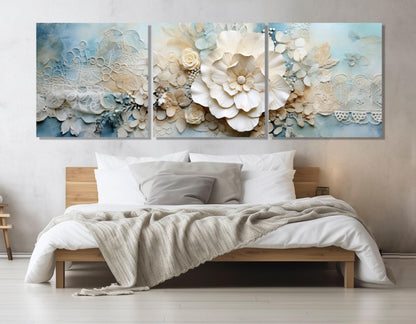 Floral Canvas Print – Soft Tones Blue Damask Embroidered Doily Art, Framed & Ready to Hang