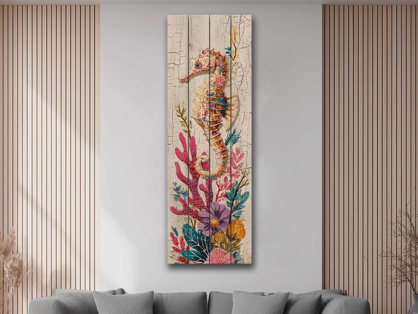 Rustic Nautical Wall Art – Seahorse Wood Print on Natural Wood Plank – Coastal Decor