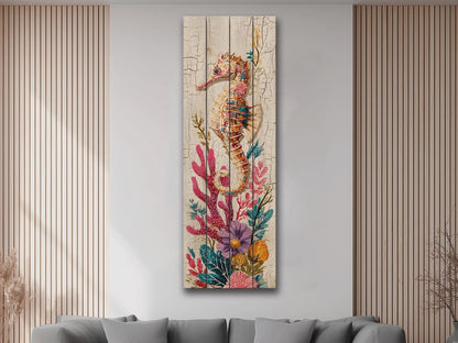 Rustic Nautical Wall Art – Seahorse Wood Print on Natural Wood Plank – Coastal Decor
