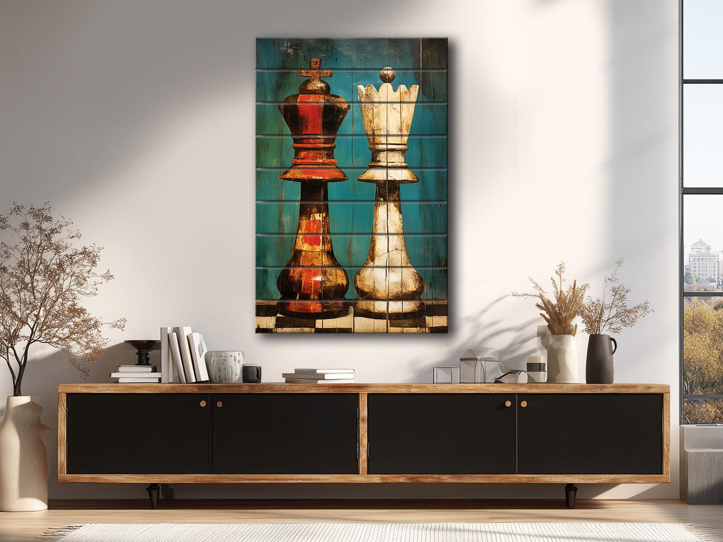King Queen Chess Art - Rustic Wooden Chess Print On Natural Wood, Ready To Hang