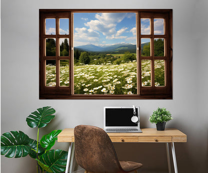 Chamomile Field Canvas – Open Window Faux Window Wall Art, Framed Canvas Print Ready to Hang