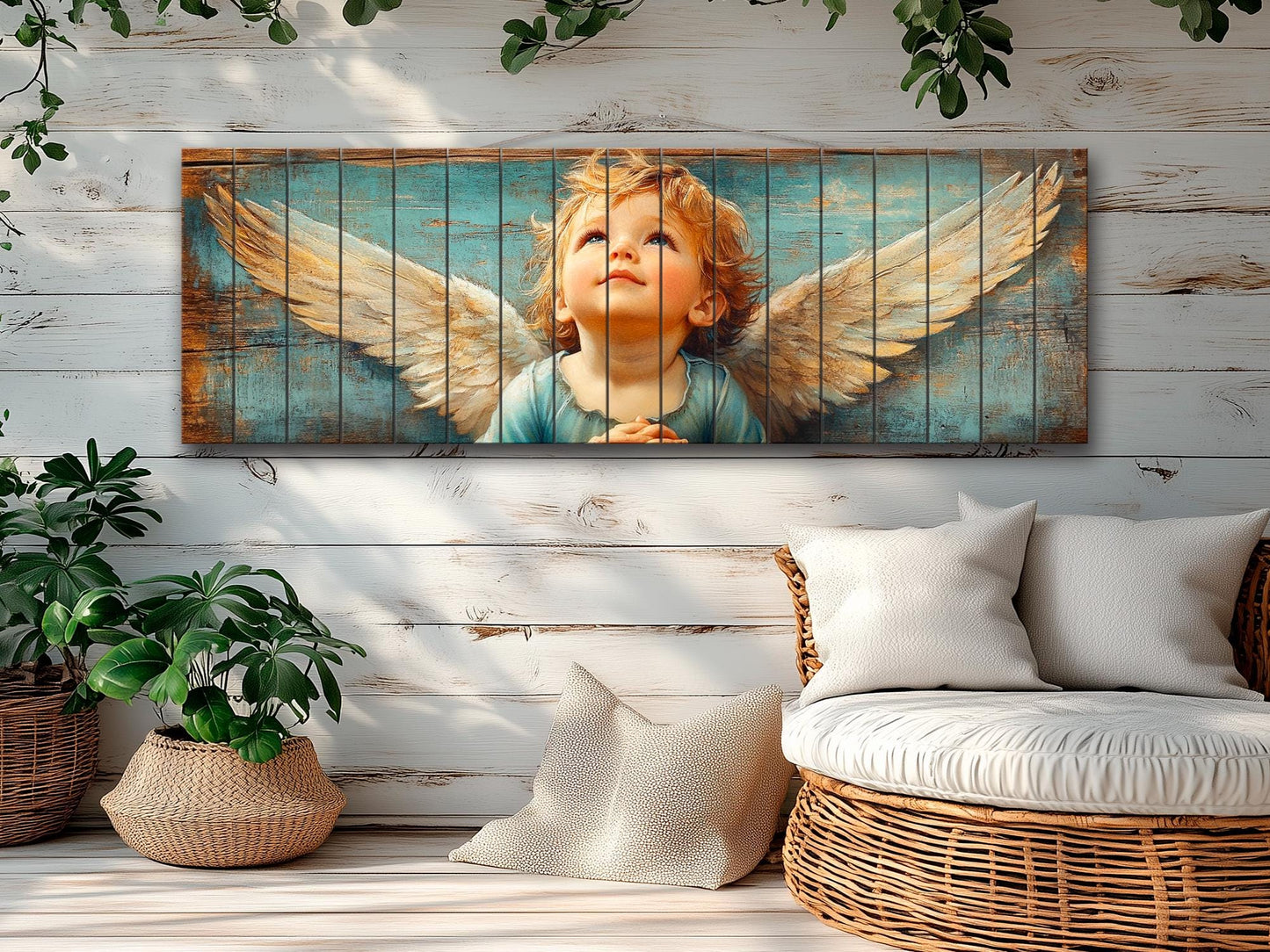 Christian Wall Art - Rustic Angel Painting on Natural Wood | Bible Wall Decor