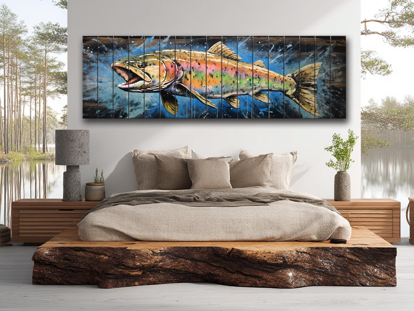 Rainbow Trout Wall Art - Rustic Wood Plank Painting | Fishing Lodge Decor