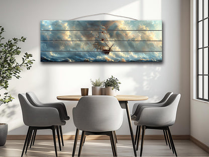 Wood Wall Art – Vintage Sailing Boat Stormy Sea Painting on Natural Wood Planks