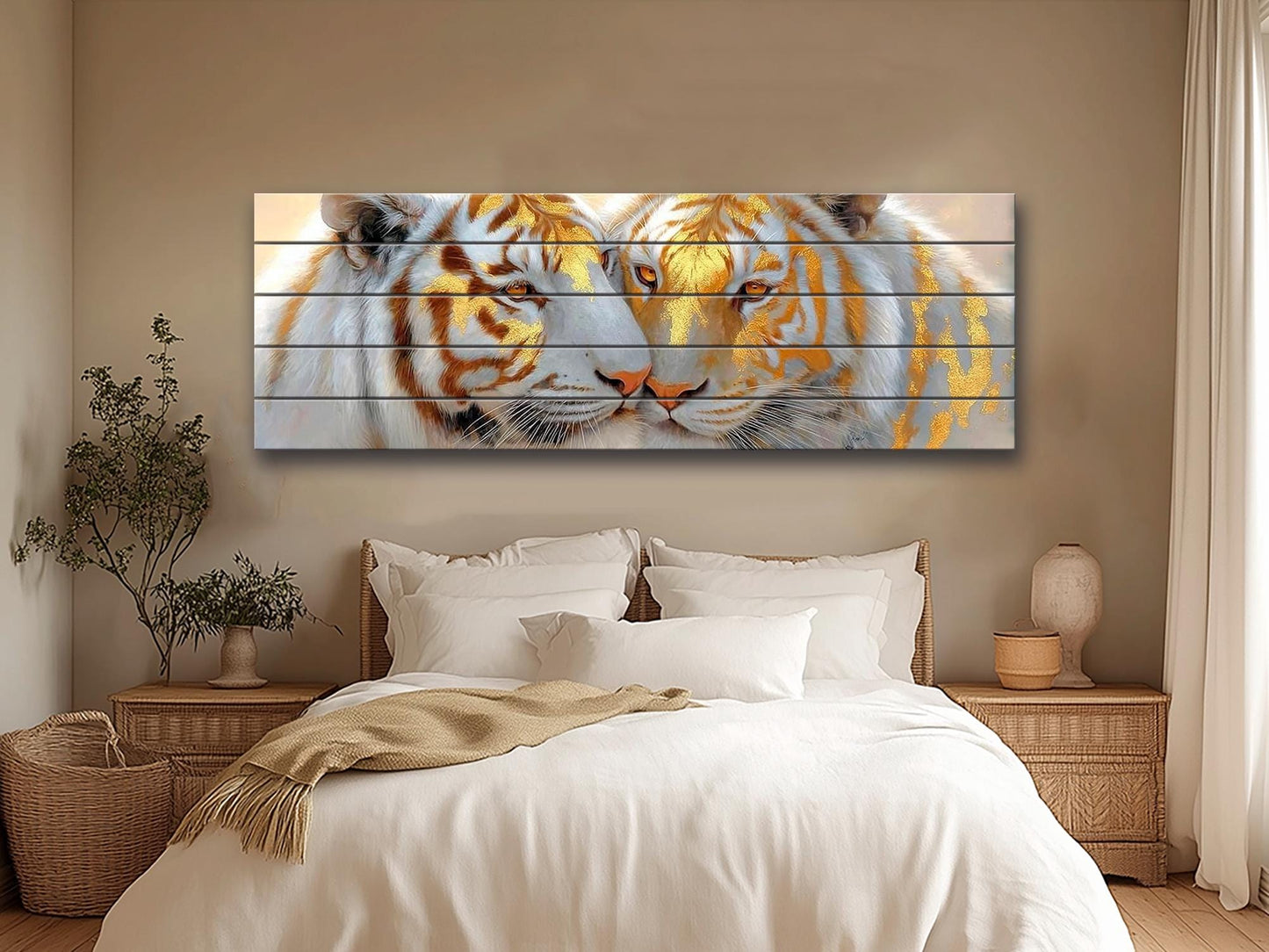 Tiger Couple Print on Wood, Majestic Wildlife Painting, Romantic Animal Wall Decor