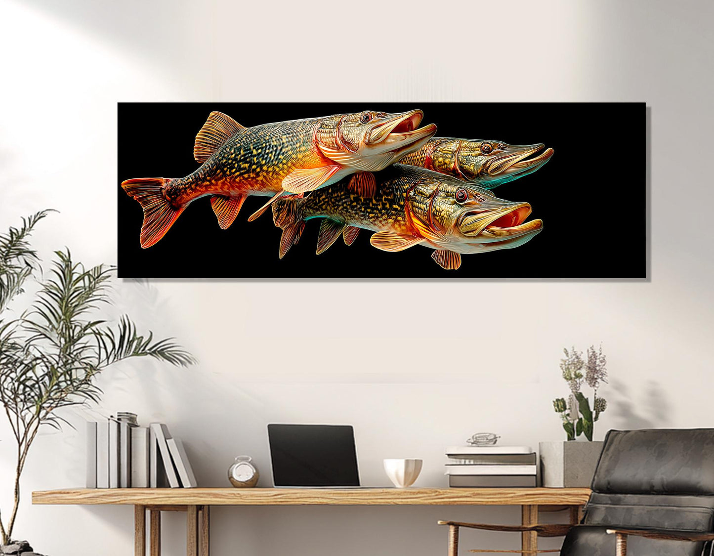 Pike Fish Canvas Print – Realistic Underwater Fish Chase on Stretched Frame