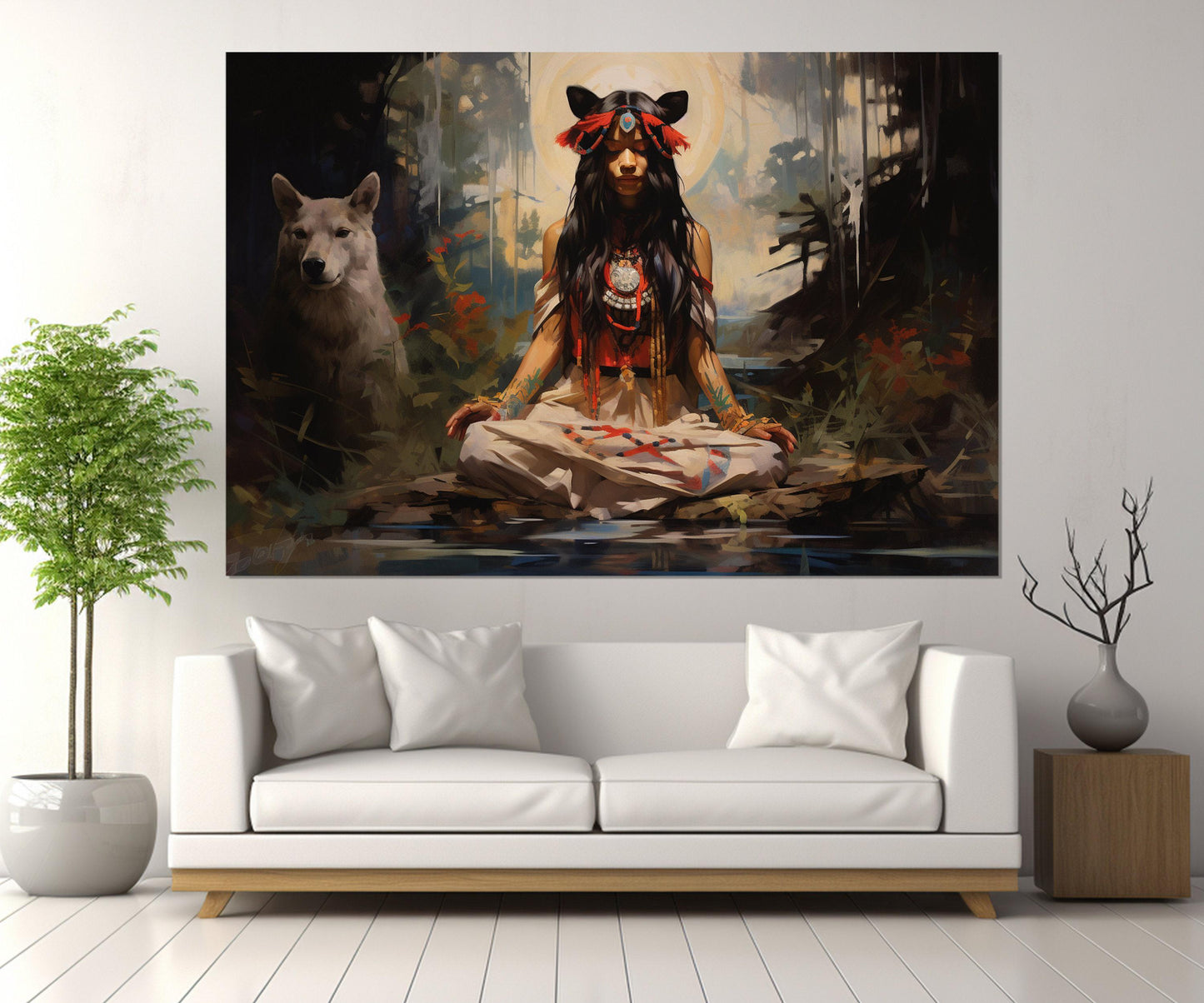 Native American Wall Art – American Indian Painting on High Quality Cotton Canvas, Ready to Hang