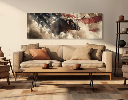 Rodeo Bull on the US Flag Canvas Print, Western Wall Art, Framed and Ready to Hang