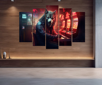 Wolf Canvas Print - Funny Angry Wolf Playing Slot Machines | Casino Wall Art Ready to Hang