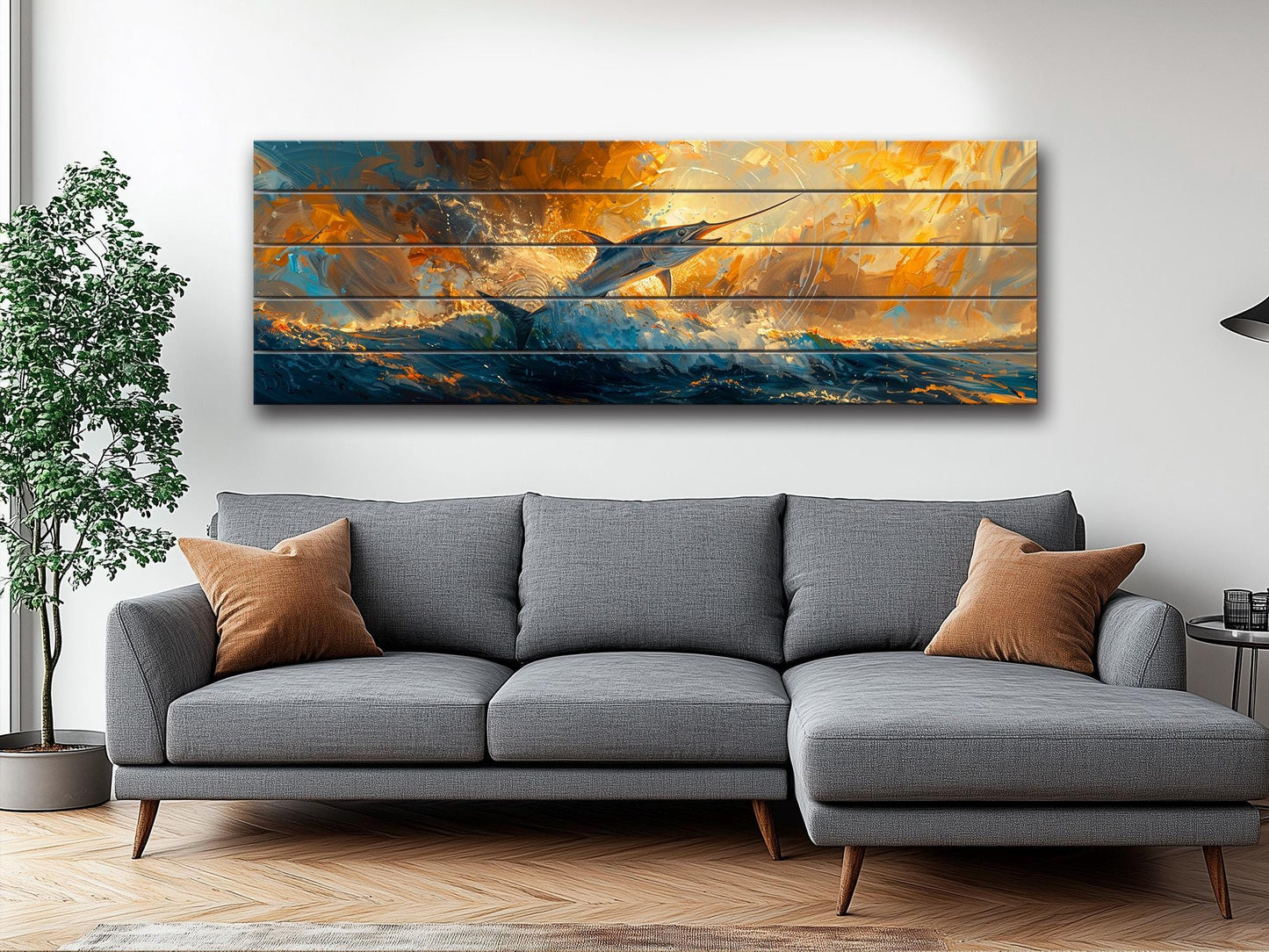 Marlin Wood Wall Art – Colorful Marlin Print on Natural Wood Planks