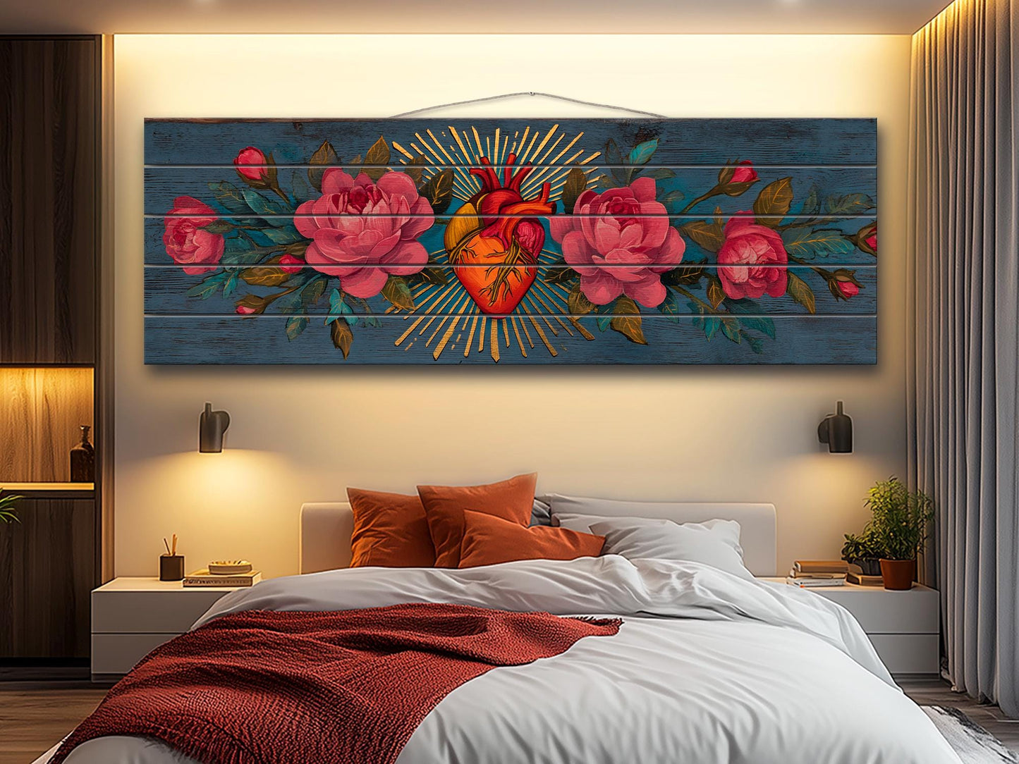 Sacred Heart Wall Art – Handcrafted Wood Wall Decor | Blooming Roses Print