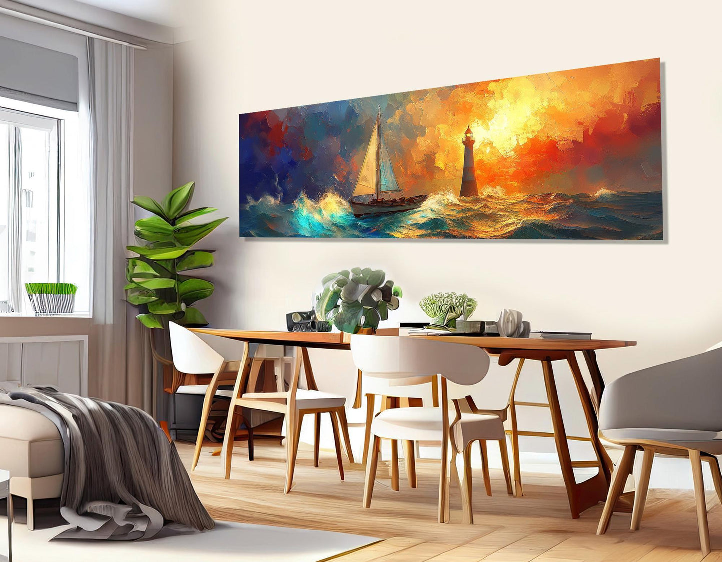 Sailboat Lighthouse Painting – Framed Canvas Print | Nautical Wall Art Storm Canvas