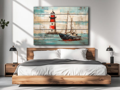 Nautical Wall Art – Coastal Wooden Wall Decor with Lighthouse Print & Sailboat Artwork