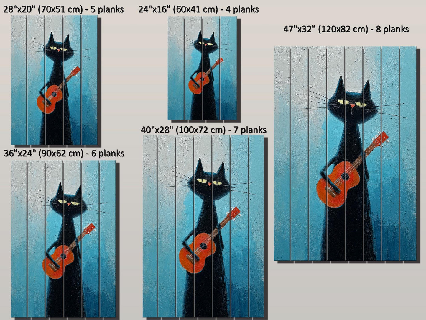 Cat Wood Wall Art – Rustic Siamese Cat Print with Ukulele on Natural Wood