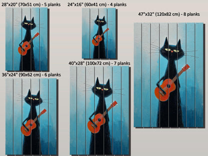 Cat Wood Wall Art – Rustic Siamese Cat Print with Ukulele on Natural Wood