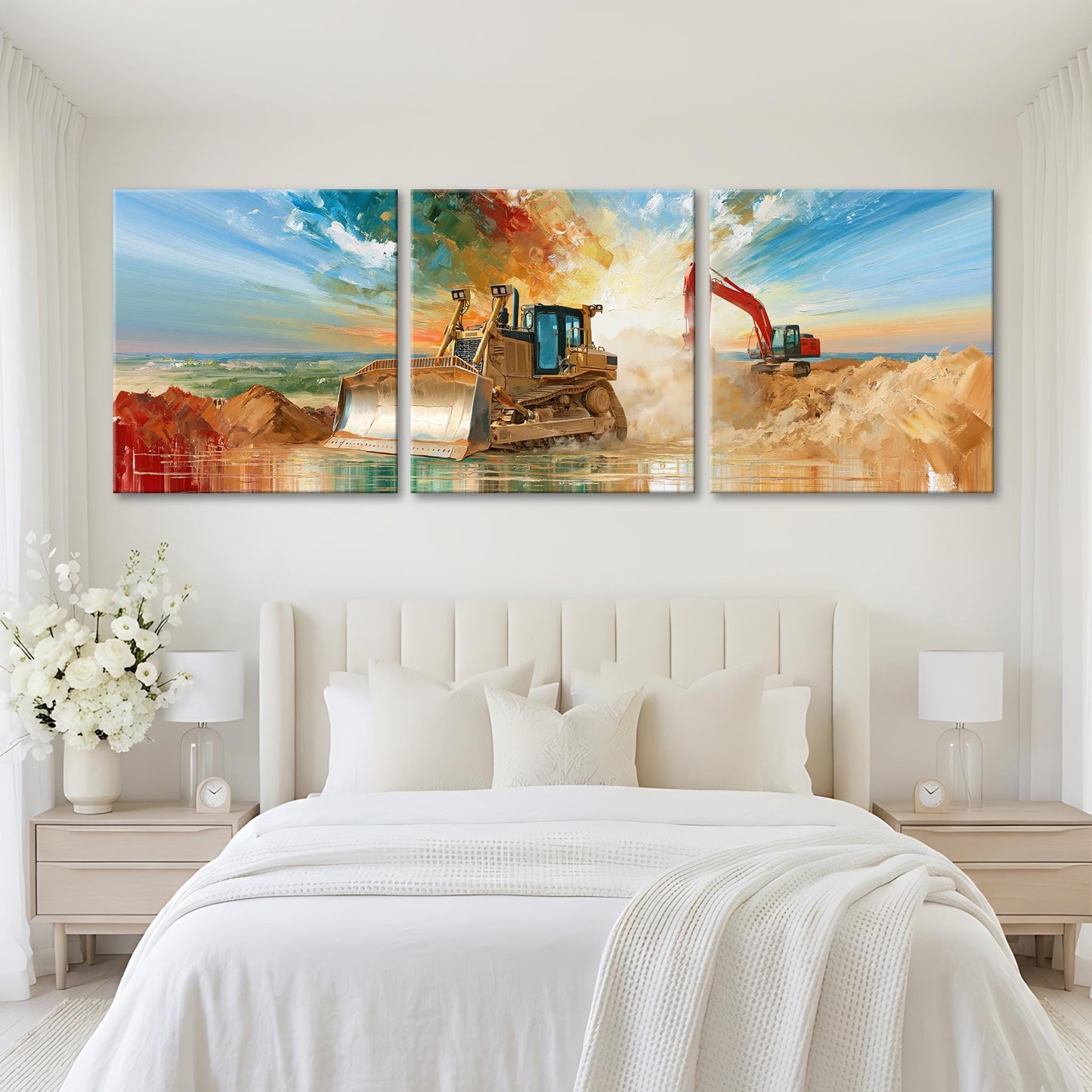 a bedroom with a large bed and two nightstands. Above the bed, there is a triptych of paintings depicting construction equipment, including a bulldozer and a crane, set against a landscape with a body of water and a sunset.