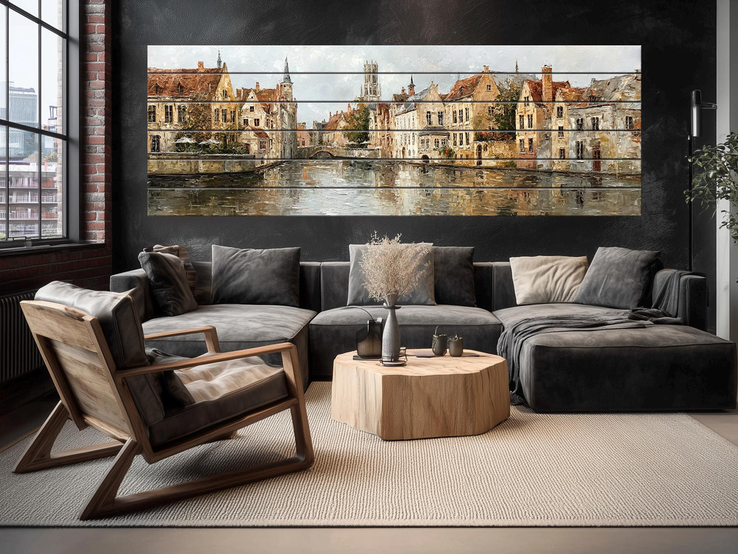 Bruges Canal Wood Print – Rustic Wall Art With Medieval Houses Painting & Beige Light