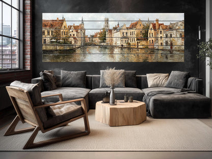 Bruges Canal Wood Print – Rustic Wall Art With Medieval Houses Painting & Beige Light