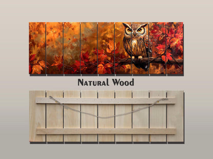 Rustic Wood Wall Art – Autumn Owl Painting on Linden Planks with Vibrant Fall Leaves