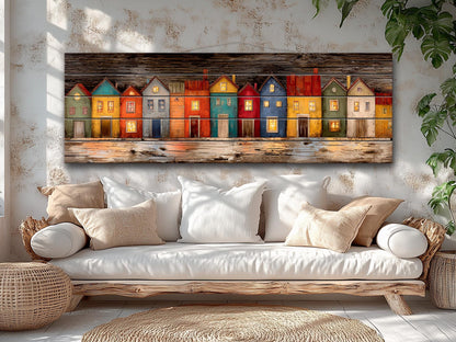 Wood Wall Art – Colorful Houses Print on Natural Wood with Glowing Windows