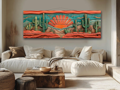Arizona Desert Wood Print with Cactus and Sun, Rustic Vintage Southwest Wall Art