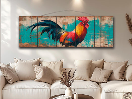 Wood Wall Art - Proud Rooster Print on Natural Wood, Rustic Rooster Painting, Farm Wall Decor, Farmhouse Wall Art, Country House Wall Decor