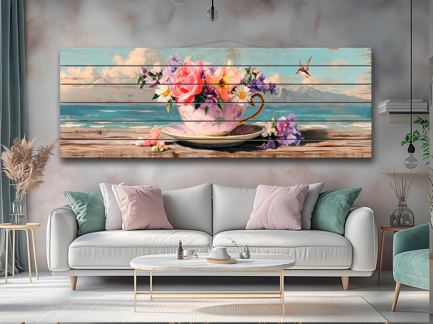 Wood Wall Art – Vintage Floral Teacup Print | Coastal View Artwork on Natural Wood