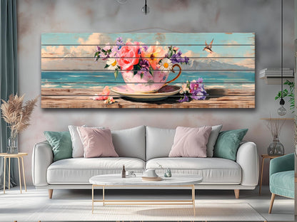 Wood Wall Art – Vintage Floral Teacup Print | Coastal View Artwork on Natural Wood