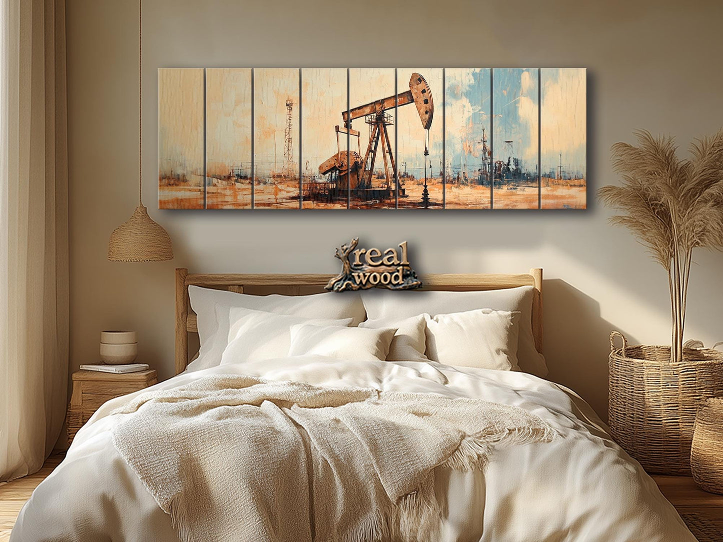 Oil Well Painting – Rustic Wood Print | UV Printed Artwork On Wood, Industrial Wall Decor