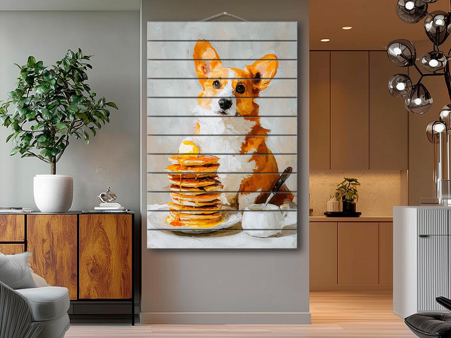 Wood Wall Art - Corgi Pancake Print | Rustic Wood Decor, Minimalist Dog Art