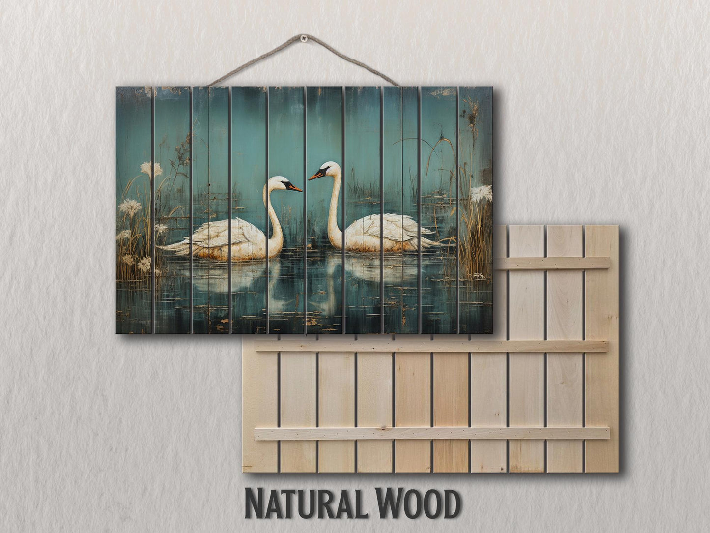 Rustic Swan Art Printed on Wood, Love Wall Art, Swans in Love Painting, Anniversary Gift, Romantic Gift, Bedroom Decor