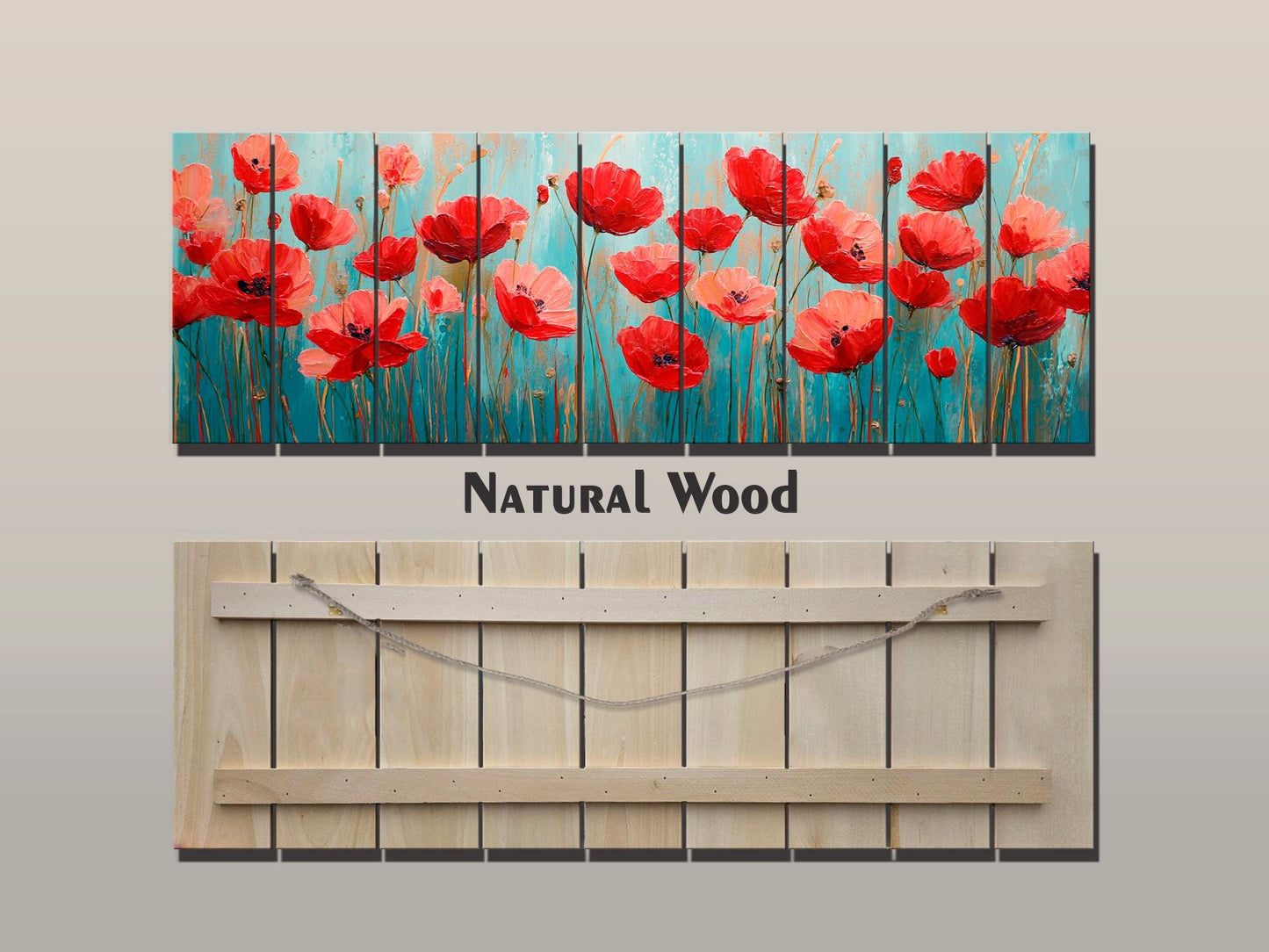 Floral Wood Wall Art – Field of Poppies Print on Natural Linden Wood Planks