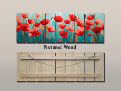 Floral Wood Wall Art – Field of Poppies Print on Natural Linden Wood Planks