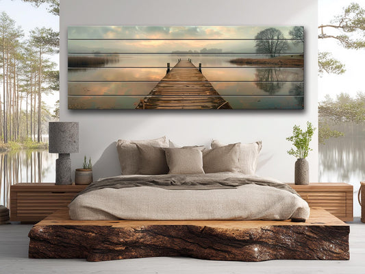 Wooden Dock Wall Art – Rustic Lake Decor on Natural Wood Print Panel