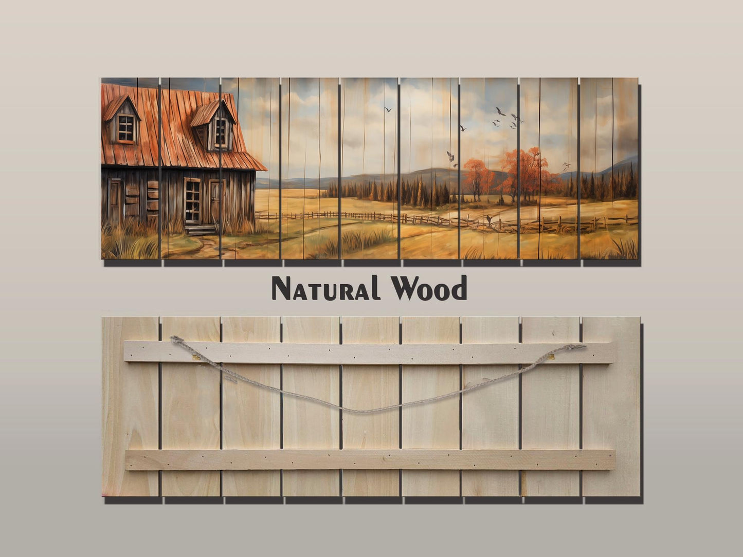 Rustic Farmhouse Wall Art – Natural Wood Artwork with Cozy Country Landscape Print