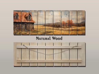 Rustic Farmhouse Wall Art – Natural Wood Artwork with Cozy Country Landscape Print