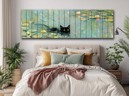 Wood Wall Art - Black Cat Swimming Among Water Lilies | Natural Wood Plank Print